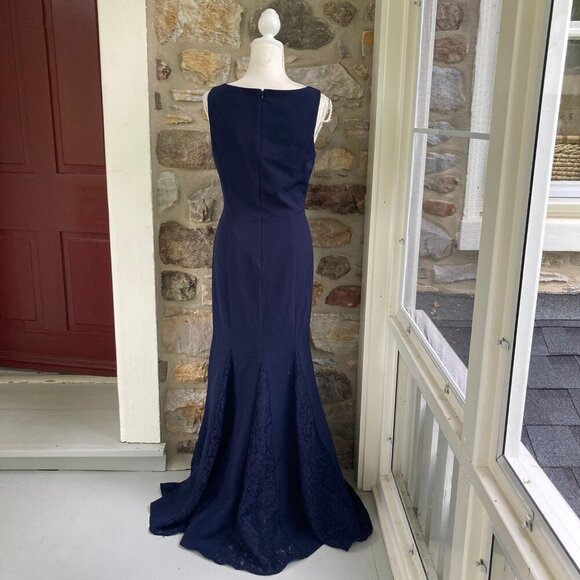 Eliza J Navy Blue Laguna Lace Inset Trumpet Crepe Gown Size 10 $208 - Picture 9 of 12